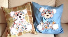 2 hand crafted  cushions with handsewn applique of a teddy Bears