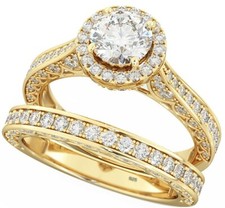 925 Silver Ladies 2 piece Gold Tone Wedding Halo Bridal Ring Set- Post From UK