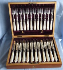 BOXED SET OF DECORATIVE  EDWARDIAN  MOTHER OF PEARL  CUTLERY 24 KNIVES & FORKS