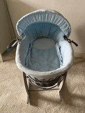Blue and Grey Wicker Baby Moses Basket with mattress and rocking stand.