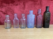 VINTAGE GLASS BOTTLES DARK GREEN PALE GREEN BLUE BISHOP  PURPLE x6 DISPLAY 7"-4"