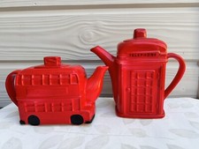 2 Of Vintage Red English Telephone Box & Bus Novelty Ceramic Decorative Teapots