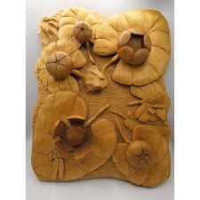 Hand Carved Wooden Wall Panel Frogs Dragonfly Lily Pad Pond Art Decor MCM