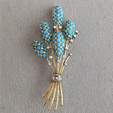 Estate Turquoise and Diamond Clusters Brooch Pin  in 18K Yellow Gold Over 2.95"L