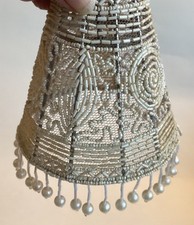 Vintage Retro Handmade Small White Beaded Votive Candle Light Shade Tassels