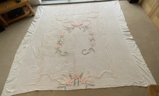 Vintage Bedspread Candlewick Double Bed Ivory Peach Floral Bow Retro W270 L260