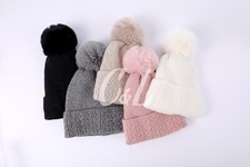 Winter Cable Pattern Warm Knitted Beanie Hat With Liner  POM POM Faux Fur Bobble