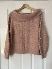 Next Size Medium (UK 12-14) Pink Knitted Jumper - Pearl Bead Details Scoop Neck