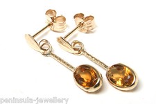 9ct Gold Citrine Earrings Drop Oval Made in UK Gift Boxed Birthday Gift
