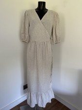 Next UK Size 16 Ladies White Oatmeal Cream Gingham Check Wrap Midi Dress  Womens