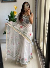New Linen cotton digital floral print saree indian women white ethnic wear sari