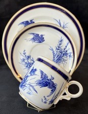 Antique Royal Worcester Bone China Blue & White Cup, Saucer &  Plate Trio c1877