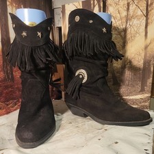 Womens Black Suede Fringed