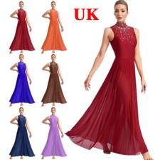 UK Womens Lyrical Dance Dress Mock Neck Dancewear Wide Hemline Dresses Ballroom