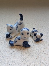 ? Vintage Delft Style Blue & White Ceramic Cat, Seal & Pug Figurines Set