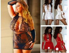 Lingerie Mini Dress Fishnet Bodysuit Crotch-less Women Lace Nightwear Underwear