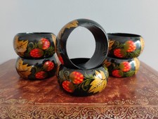 Set 6 Vintage Russian Lacquered Napkin Rings Hand Painted Strawberry & Gold Leaf