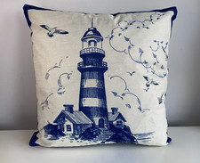 New cushion cover coastal ocean lighthouse seagull blue print 45x45cm