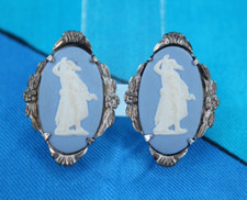 VTG Women's 20s Wedgwood Blue Jasper & Sterling Silver Cameo Earrings 1920s