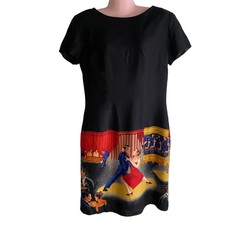 Vintage Karin Stevens Dress Womens 12 Rayon Dance Print Lined Short Sleeve USA