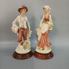 Capodimonte A. Belcari Figurines x2 Country Boy & Girl By Wall Ceramic -CP