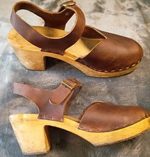 Swedish Clogs Wm 39 8/8.5 Brown Leather & Wood Mules Broken-In Well Worn By ANNA