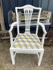 Vintage White Painted Kitchen Dining Carver Chair with Grey & Yellow Fabric Seat