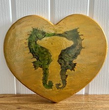 Hand Made Carved Wooden Heart Shape Wood Lacquered Seahorse Design Plaque - 10”