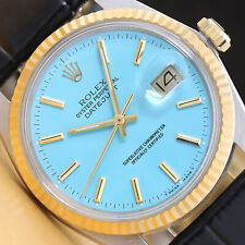 ROLEX MENS DATEJUST 16013 AQUA BLUE 18K GOLD STEEL WATCH w/ BLACK LEATHER BAND