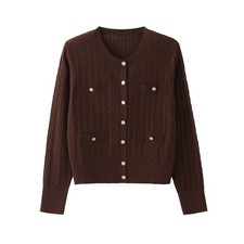Ladies' Wool Mix Cable Knit Button-Up Cardigan - Brown-Size M