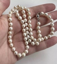 Vintage Sterling Silver Japanese Akoya Saltwater Seawater Pearl Necklace 17.25"