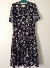 Vtg Richard Stump 14 Black & White Floaty Floral Drop-Waist Off-Centr Dress 70s?