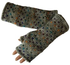 Hand Knitted Lined Wool Wrist Arm Warmers Grey Fingerless Gloves Mittens Mitts