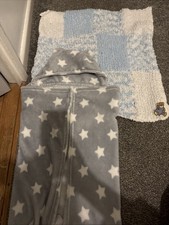 Set of Baby Boy Soft Fleece Blanket Newborn Pram Crib Blue Teddy +Grey star hood