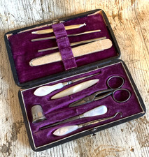 Antique Mother of Pearl Sewing Manicure Grooming 9-Piece Set