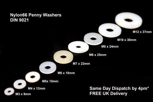 Nylon66 penny washers white - white, m3