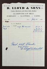 1965 D. Lloyd & Sons Timber Merchants Pumpsaint, Llanwrda, Wales Invoice