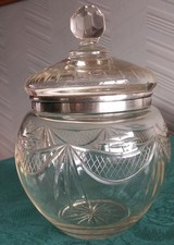 Vintage Glass Biscuit Barrel Jar With Lid And Silver Rim Hallmarked 
