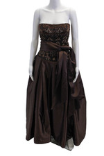 Reem Acra Womens Back Zip Strapless Beaded Crystal Satin Gown Brown Silk Size 6