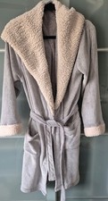 Ladies Grey Soft Fleece Dressing Gown Hooded Bath Robe Size 12-14