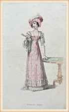 1824 Ackermann's Repository Regency Georgian Fashion Plate Evening Dress + Table