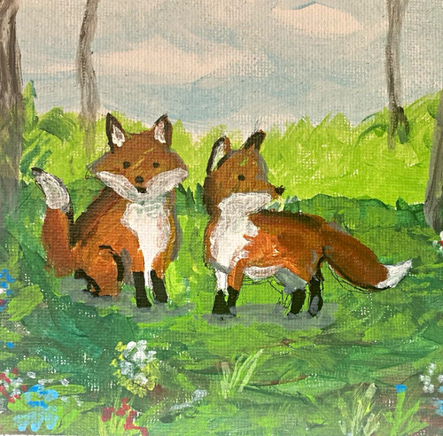 Two foxes forest - two, painting