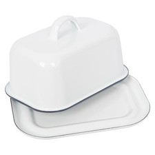 1x Blue 18.5cm x 10cm White Enamel Butter Dish with Lid Kitchen Container