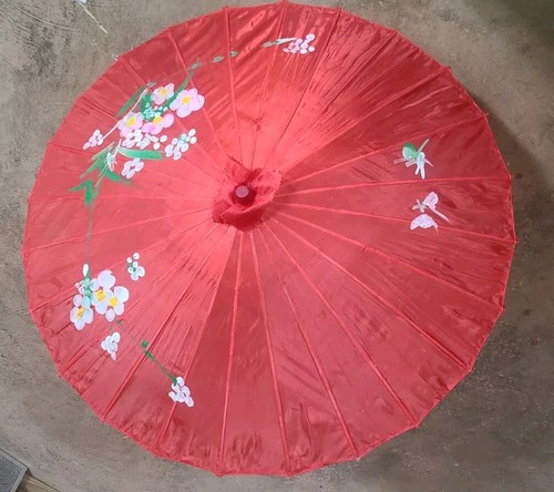 Vtg silk parasol red oriental - vtg,