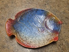 Vintage glazed ceramic fish serving or decorative plate. Studio pottery. Blue.