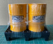 1/14th scale Tamiya RC semi truck Hydraulic oil drums on anti spill pallet.