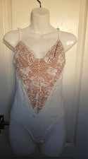 Vera & Lucy ivory & nude lace mesh detail dressy bodysuit size L adjustable 