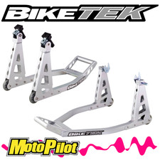 BikeTek Motorcycle Aluminium Box Section Front / Rear Paddock Stand Set Silver