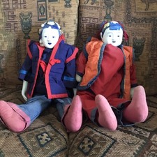 Vintage Asian Chinese Porcelain Blue / White Boy & Girl Doll Soft Body 64cm long