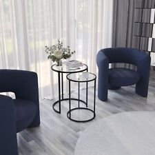 2 Piece Round Nesting Side Tables Set Tempered Glass Top Metal Leg Coffee Tables